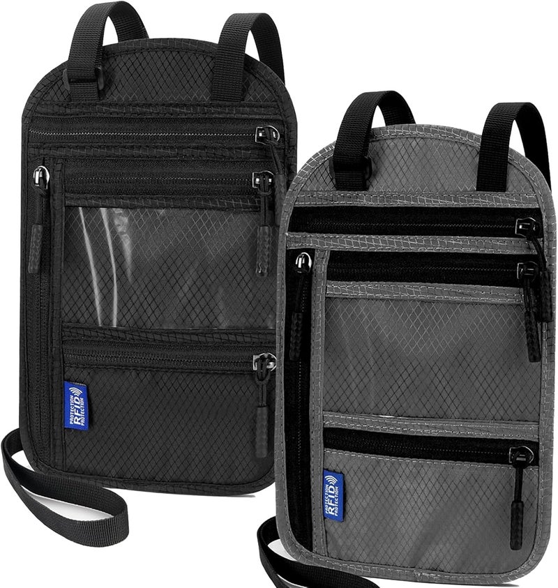 SPOSAFE 2-Pack Large RFID Blocking Passport Holder for Travel, Hidden Neck Wallet with Phone Pocket, Lightweight Under-Clothing Pouch Fits 7-inch phone & 2 Passports, Anti-Theft Organizer (Black & Dark Gray) - Image 1